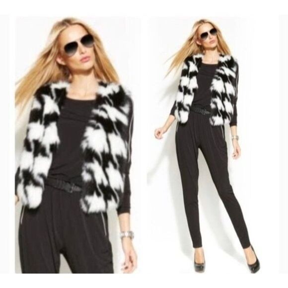 Michael Kors Houndstooth Black White Open Front Faux Fur Vest Large - Picture 1 of 8